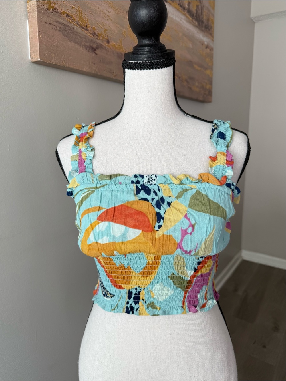 NWT Angie Smocked Abstract Colorful Ruffle Crop Top Size Small